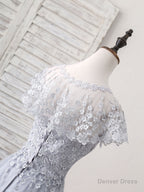 Gray Round Neck Lace Tulle Long Prom Dress, Gray Evening Dress