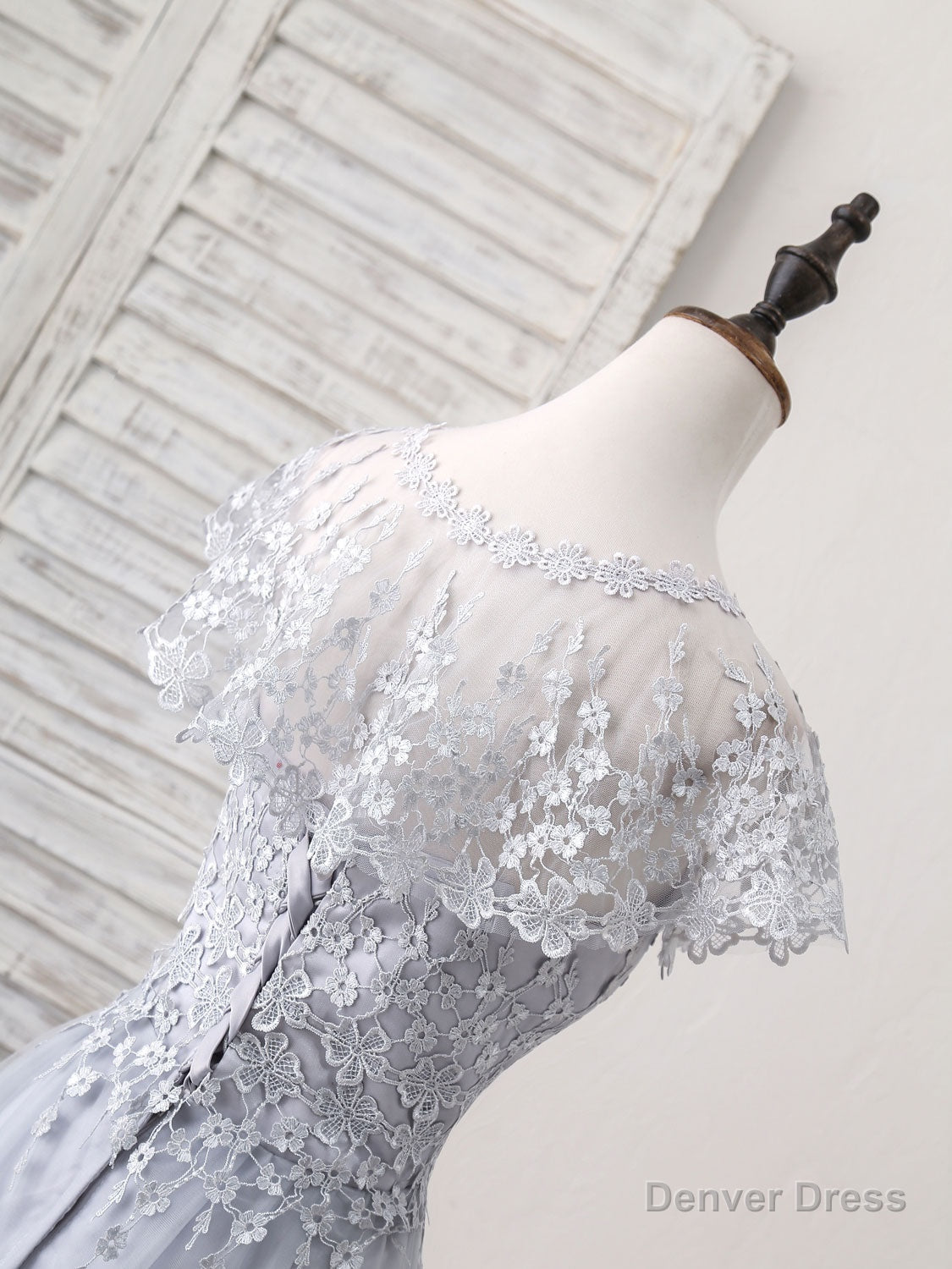 Gray Round Neck Lace Tulle Long Prom Dress, Gray Evening Dress