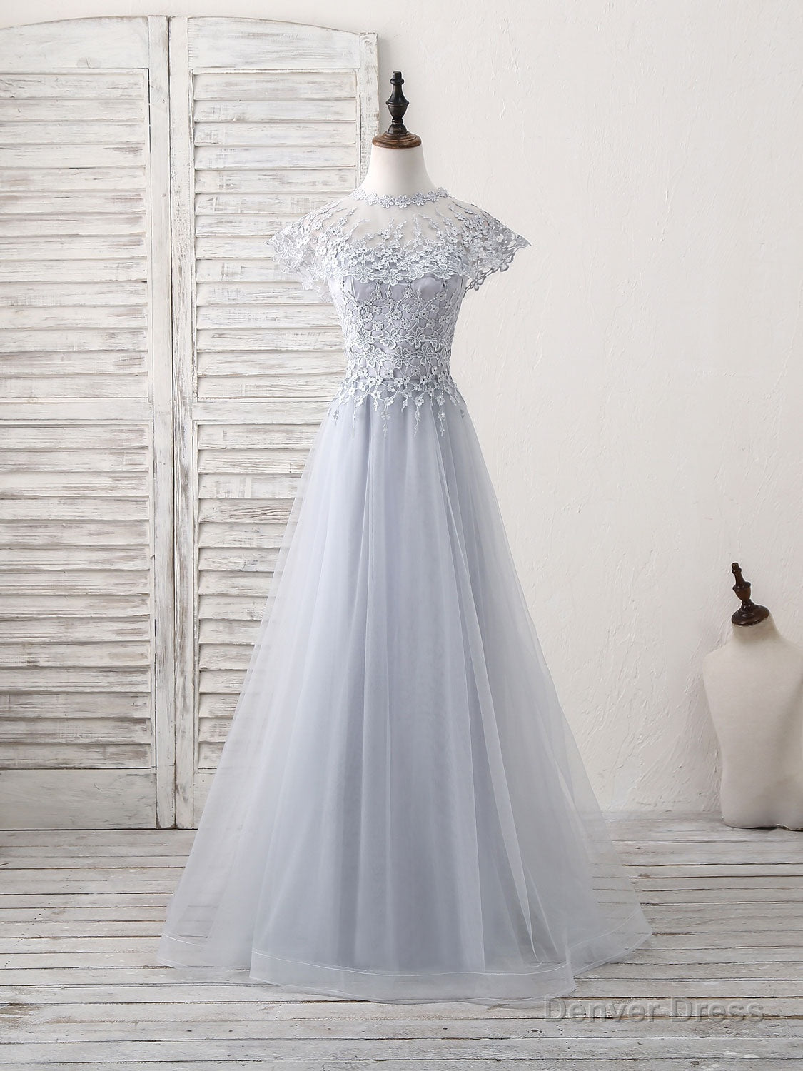 Gray Round Neck Lace Tulle Long Prom Dress, Gray Evening Dress Main image
