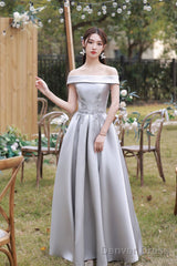 Gray Saitn Lace Long Prom Dress, A-Line Evening Dress