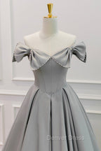 Gray Satin Floor Length Formal Dresses with Pearls, Cute A-Line Prom Dresses
