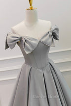 Gray Satin Floor Length Formal Dresses with Pearls, Cute A-Line Prom Dresses