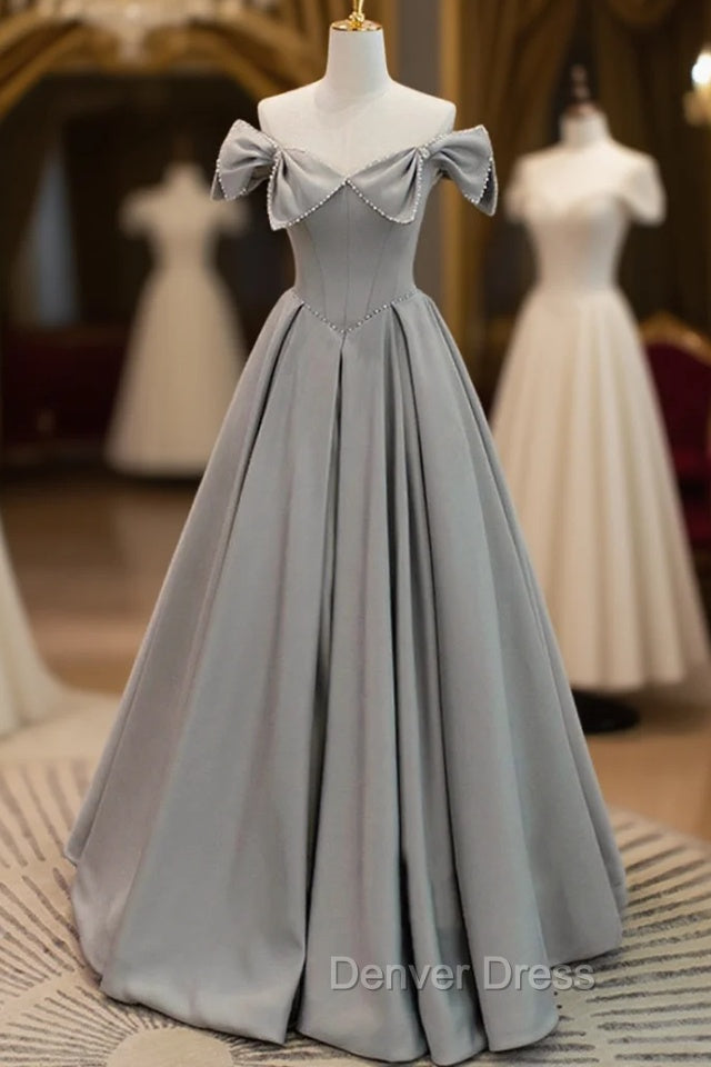 Gray Satin Floor Length Formal Dresses with Pearls, Cute A-Line Prom Dresses