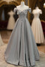 Gray Satin Floor Length Formal Dresses with Pearls, Cute A-Line Prom Dresses