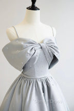 Gray Satin Long Prom Dresses, A-Line Spaghetti Straps Evening Graduation Dresses