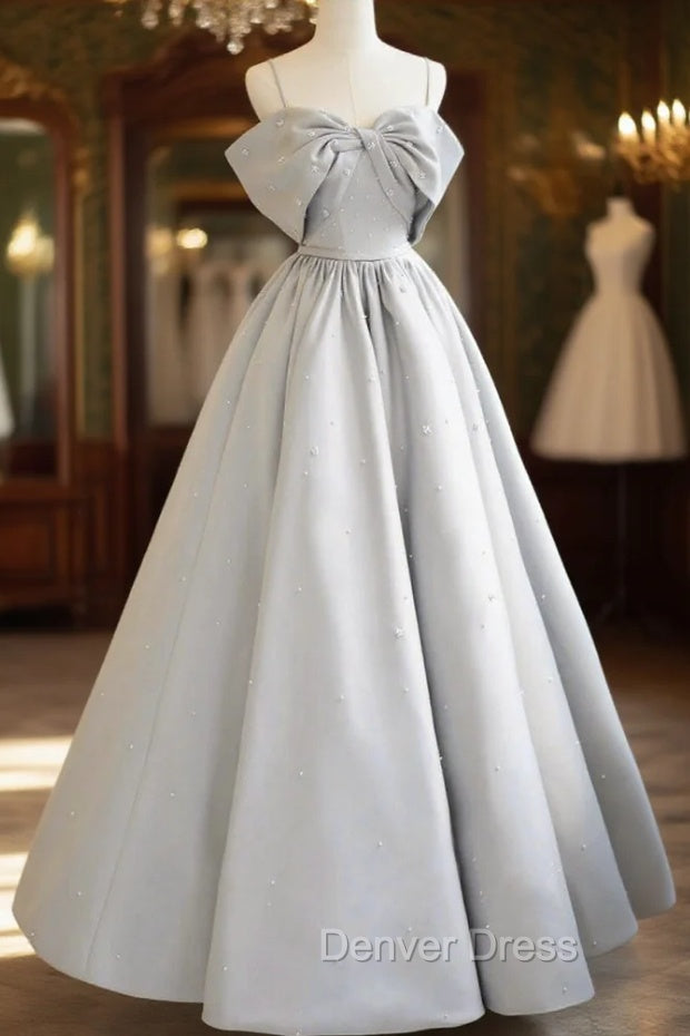 Gray Satin Long Prom Dresses, A-Line Spaghetti Straps Evening Graduation Dresses