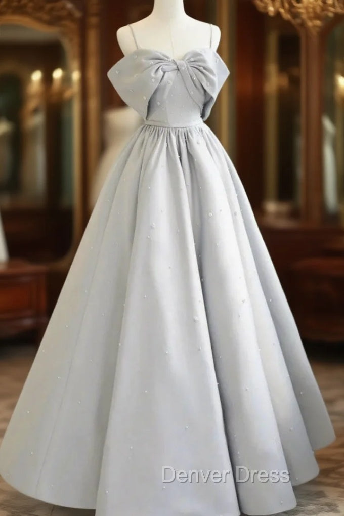 Gray Satin Spaghetti Straps Pearls Prom Dresses