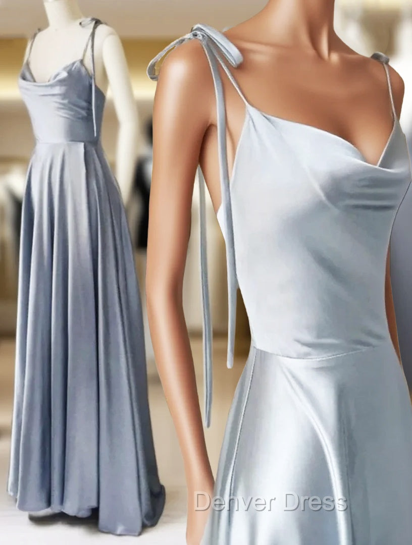 Gray Satin Spaghetti Straps Prom Dresses