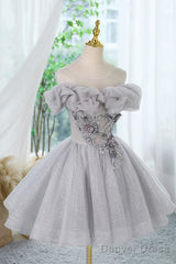 Gray Scoop Neckline Tulle Sequins Short Prom Dress, A-Line Off The Shoulder Evening Party Dress