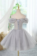 Gray Scoop Neckline Tulle Sequins Short Prom Dress, A-Line Off The Shoulder Evening Party Dress