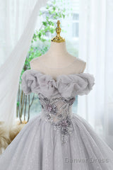 Gray Scoop Neckline Tulle Sequins Short Prom Dress, A-Line Off The Shoulder Evening Party Dress