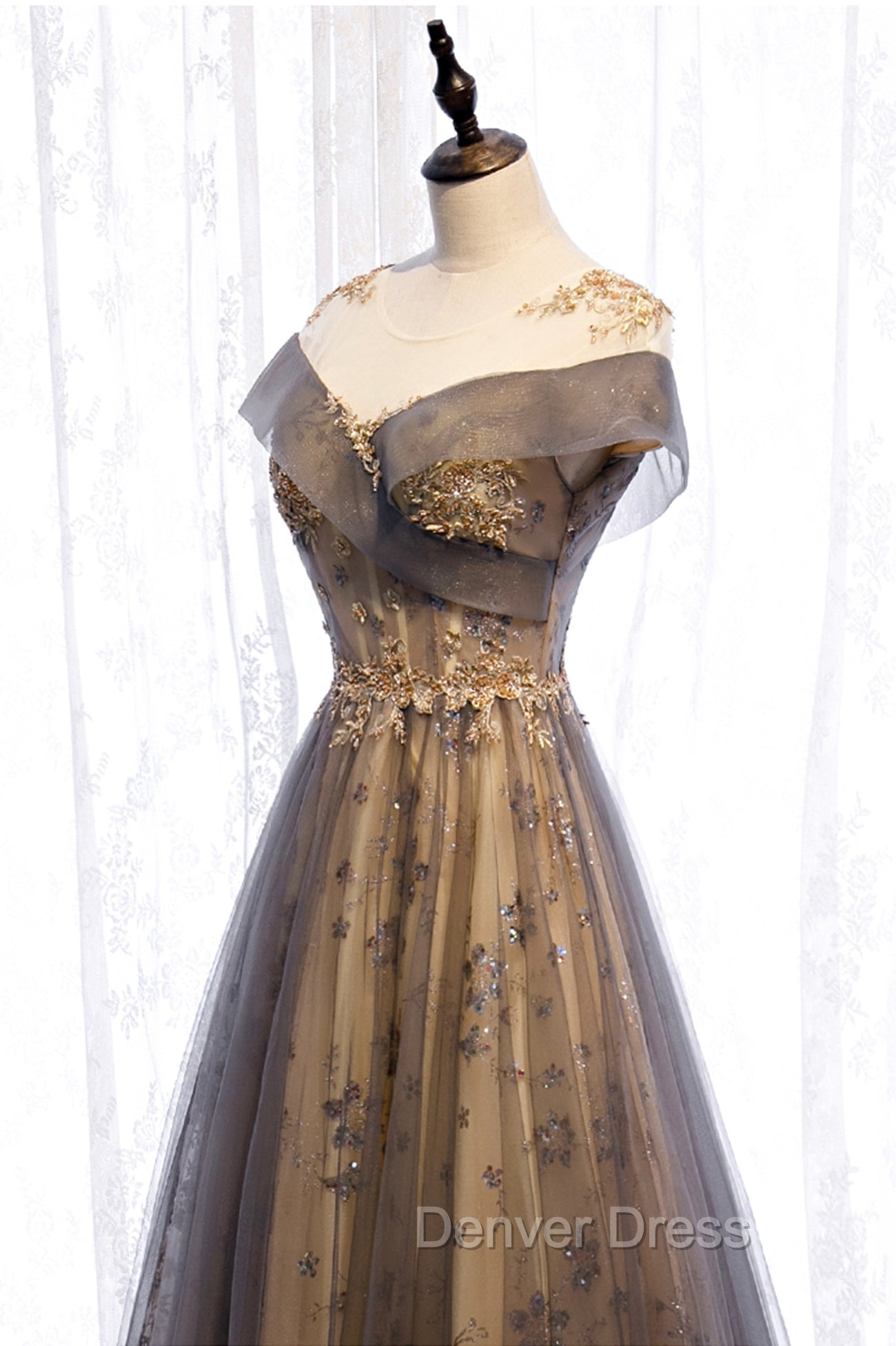 Gray Scoop Tulle Sequins Long Prom Dresses, A-Line Evening Party Dresses Secondary image