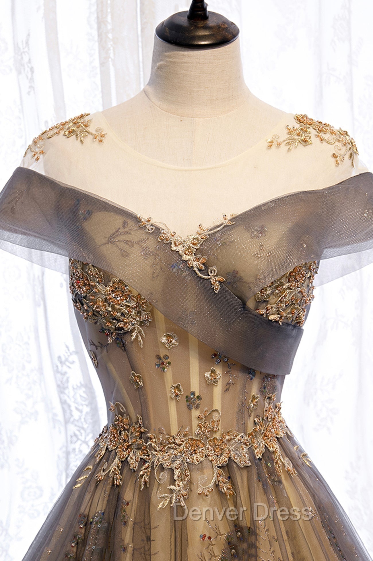 Gray Scoop Tulle Sequins Long Prom Dresses, A-Line Evening Party Dresses