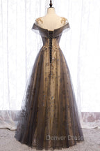 Gray Scoop Tulle Sequins Long Prom Dresses, A-Line Evening Party Dresses