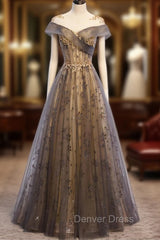 Gray Scoop Tulle Sequins Long Prom Dresses, A-Line Evening Party Dresses