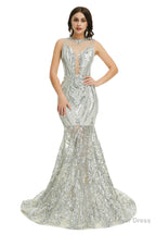 Sequins Sleeveless Floor Length Crew Neck Prom Dresses