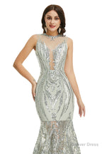 Sequins Sleeveless Floor Length Crew Neck Prom Dresses