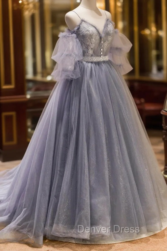 Gray Spaghetti Strap Lace Long Prom Dress, Off the Shoulder Prom Dresses