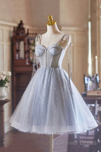 Gray Spaghetti Strap Tulle Short Prom Dress, Lovely A Line Prom Dresses With Corset