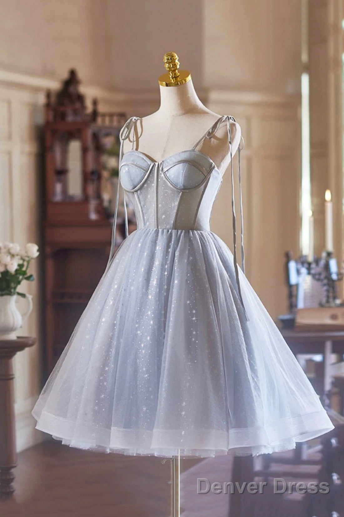 Gray Spaghetti Strap Tulle Short Prom Dress, Lovely A Line Prom Dresses With Corset