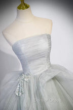 Gray Strapless Long Prom Dress, Gray Tulle Prom Dress