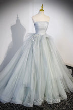 Gray Strapless Long Formal Dresses, Gray Tulle Evening Dresses Party Dresses