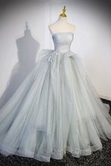 Gray Strapless Long Formal Dresses, Gray Tulle Evening Dresses Party Dresses