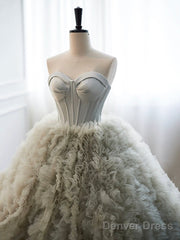 Gray Strapless Tulle Long Prom Dress, Beautiful A-Line Sweetheart Neck Formal Evening Dress