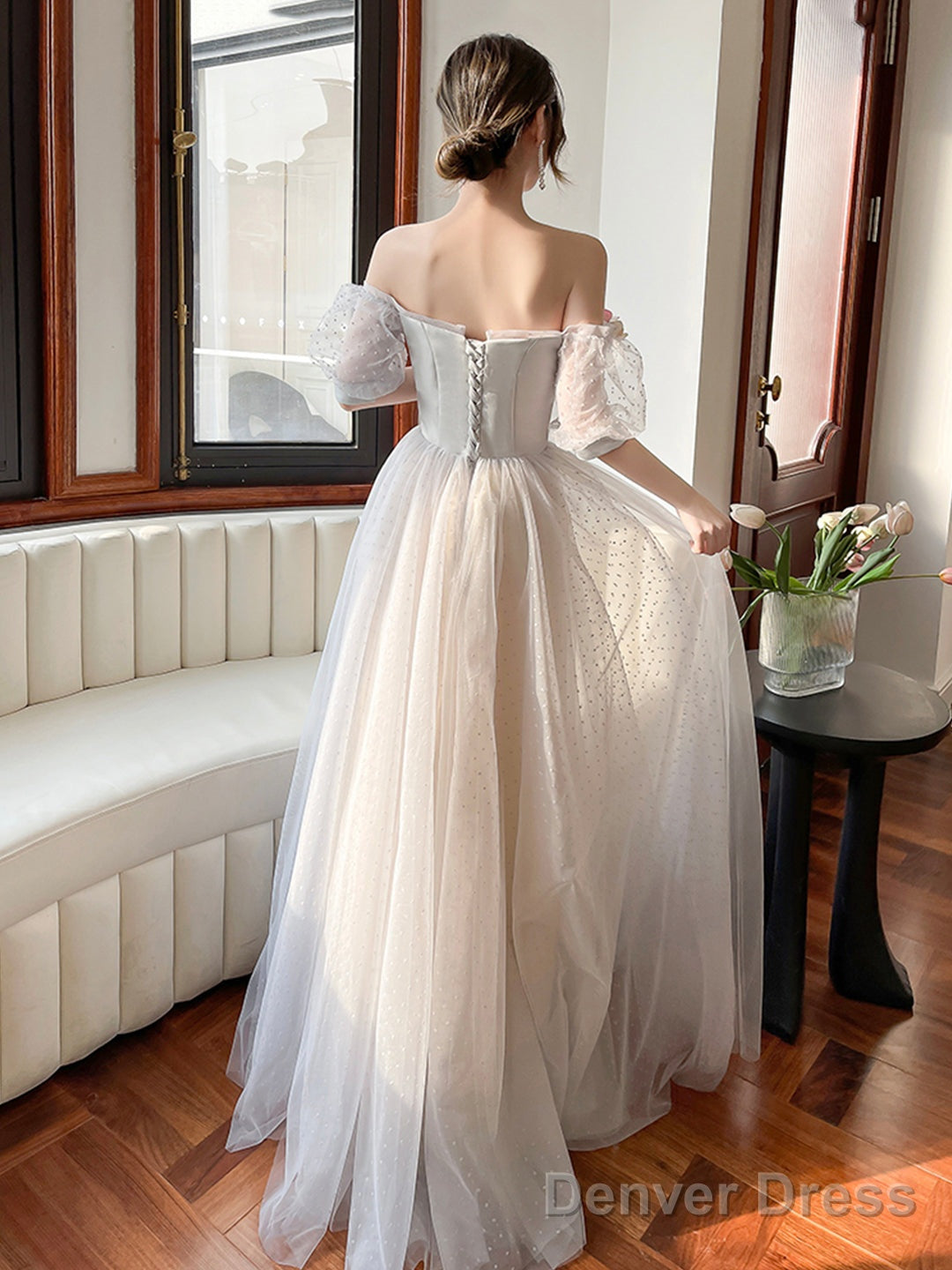 Gray Strapless Tulle Long Prom Dress, Lovely A-Line Evening Dress