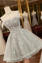 Gray Strapless Tulle Short Prom Dresses with Sequins, Cute A-Line Party Dresses