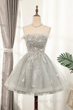 Gray Strapless Tulle Short Prom Dresses with Sequins, Cute A-Line Party Dresses