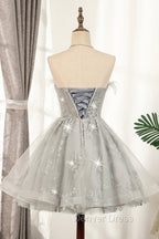 Gray Strapless Tulle Short Prom Dresses with Sequins, Cute A-Line Party Dresses