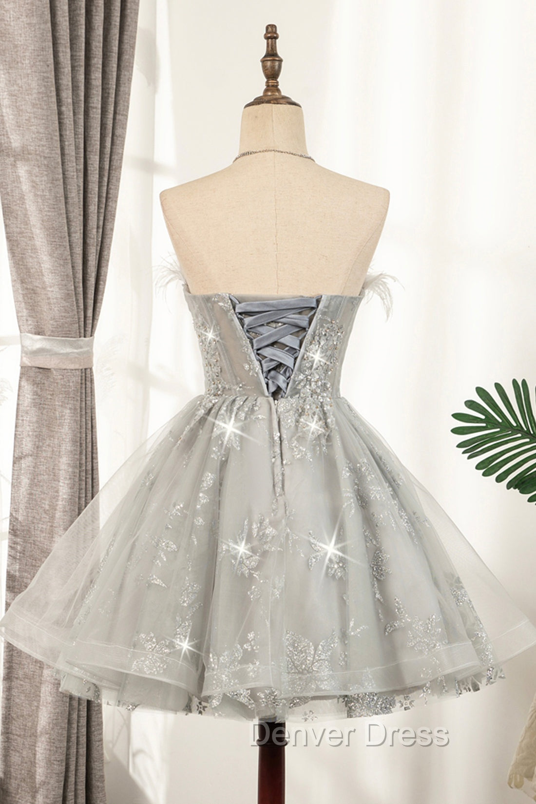 Gray Strapless Tulle Short Prom Dresses with Sequins, Cute A-Line Party Dresses