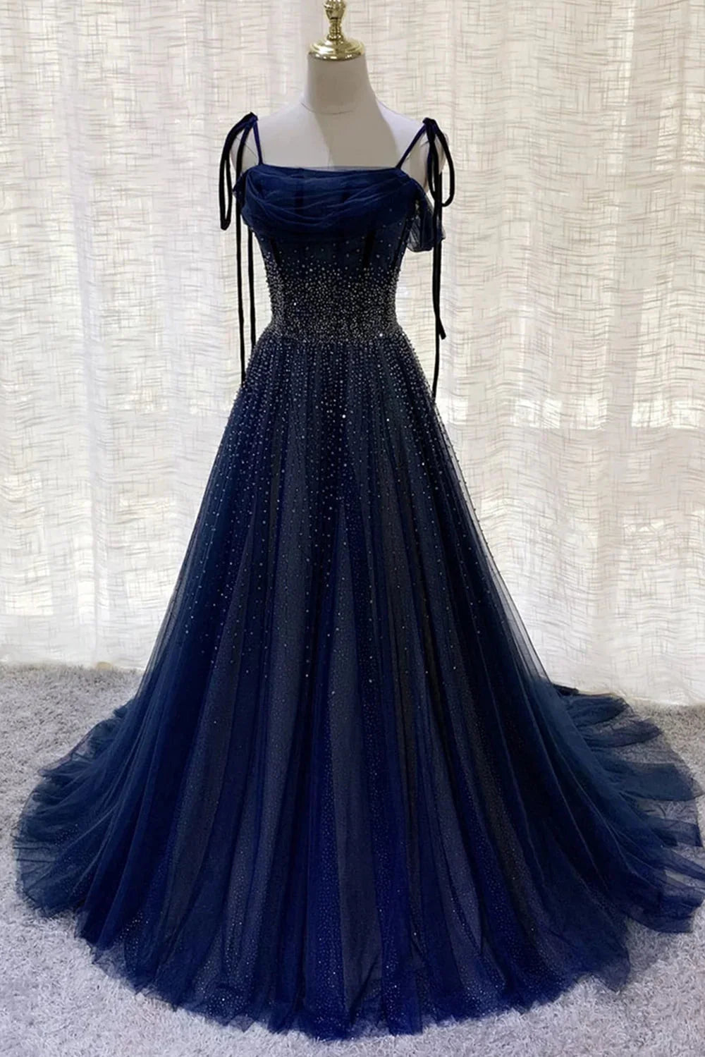 Dark Blue Gorgeous Shiny Sequins Long Elegant Tulle Ball Gowns Prom Dresses