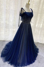 Dark Blue Gorgeous Shiny Sequins Long Elegant Tulle Ball Gowns Prom Dresses