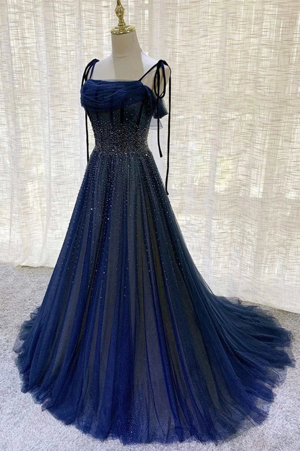 Dark Blue Gorgeous Shiny Sequins Long Elegant Tulle Ball Gowns Prom Dresses Main image