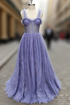 Gray Sweetheart Neck Tulle Lace Long Prom Dresses Blue Formal Dresses