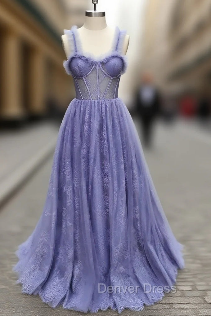 Gray Sweetheart Neck Tulle Lace Long Prom Dresses Blue Formal Dresses