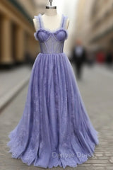 Gray Sweetheart Neck Tulle Lace Long Prom Dresses Blue Formal Dresses