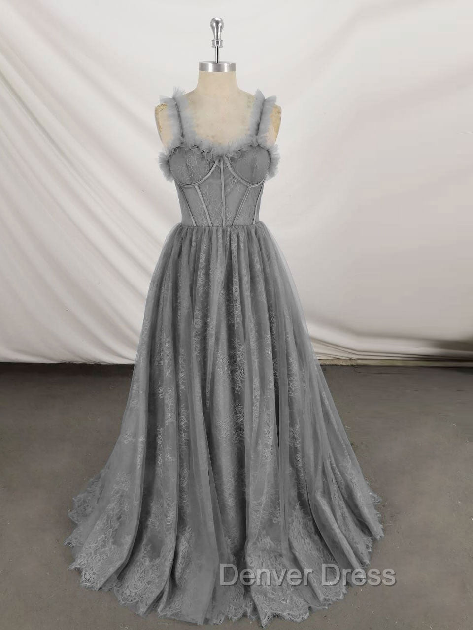 Gray Sweetheart Neck Tulle Lace Long Prom Dresses Blue Formal Dresses