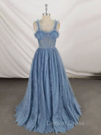 Gray Sweetheart Neck Tulle Lace Long Prom Dresses Blue Formal Dresses