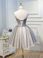 Gray Sweetheart Neck Tulle Lace Short Prom Dresses, Cute Homecoming Dresses