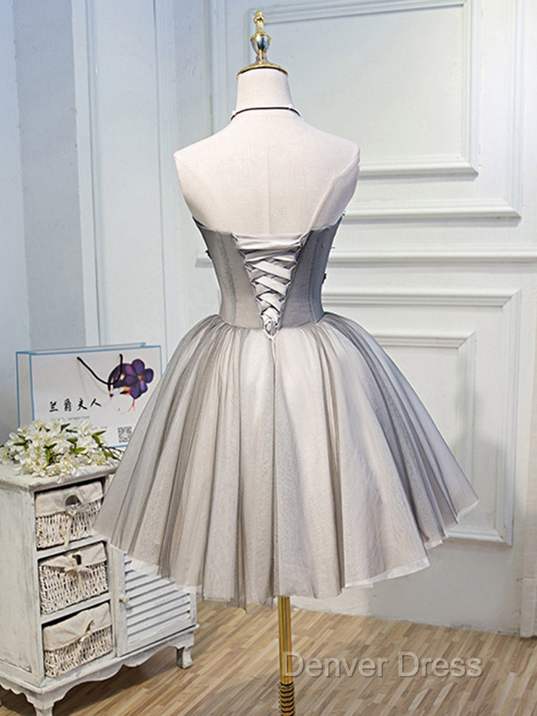 Gray Sweetheart Neck Tulle Lace Short Prom Dresses, Cute Homecoming Dresses