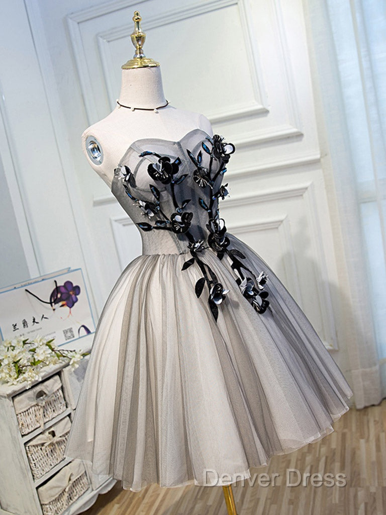 Gray Sweetheart Neck Tulle Lace Short Prom Dresses, Cute Homecoming Dresses