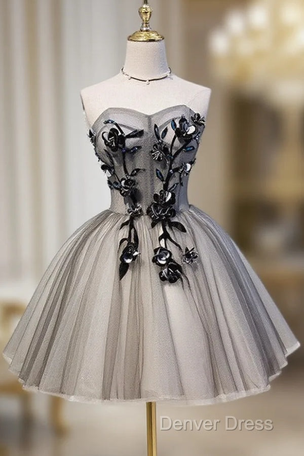 Gray Sweetheart Neck Tulle Lace Short Prom Dresses, Cute Homecoming Dresses Main image