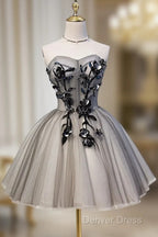 Gray Sweetheart Neck Tulle Lace Short Prom Dresses, Cute Homecoming Dresses
