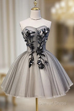 Gray Sweetheart Neck Tulle Lace Short Prom Dress, Cute Homecoming Dresses