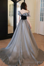 Gray Tulle And Black Velvet Long Prom Dress, Off The Shoulder Evening Party Dress