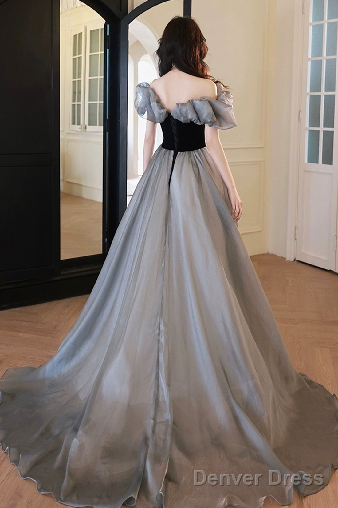 Gray Tulle And Black Velvet Long Prom Dress, Off The Shoulder Evening Party Dress