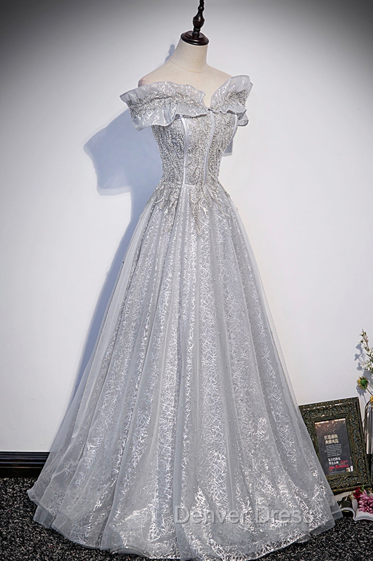 Gray Tulle Beaded Long A-Line Prom Dresses, Cute Evening Party Dresses Secondary image